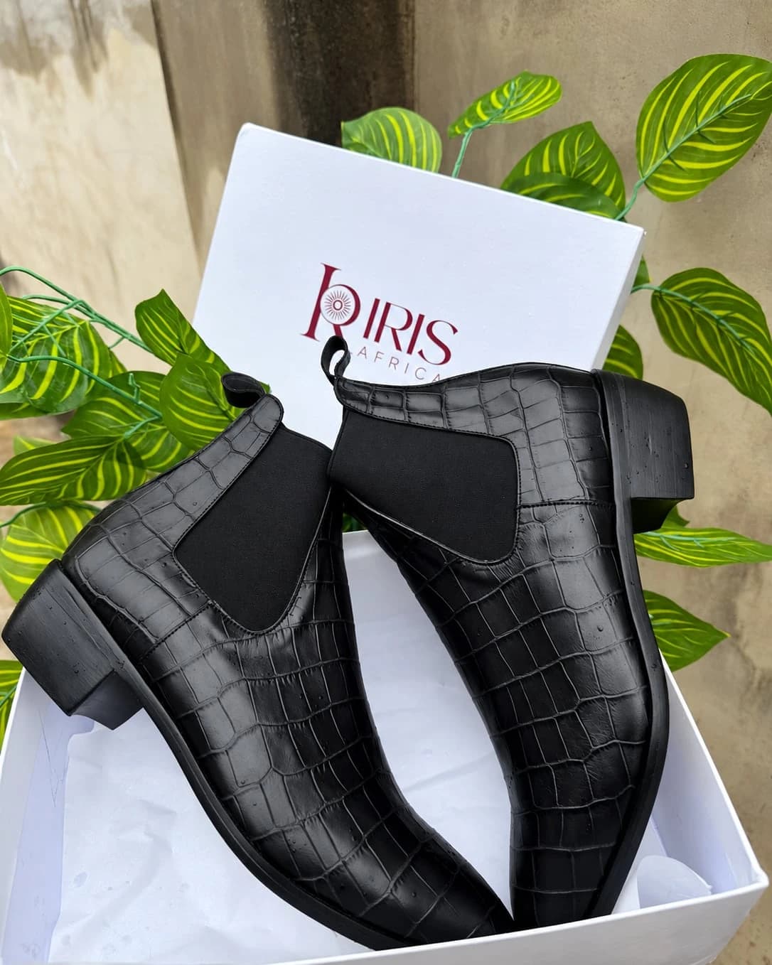 Croc Chelsea Boot in Black croc-embossed leather, with elastic side gussets and pull tabs, in an IRIS Africa box